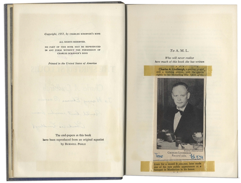 Charles Lindbergh Signed Copy of ''The Spirit of St. Louis'' -- Inscribed to the Controversial Historian Harry Elmer Barnes